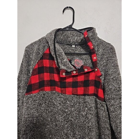 Scarlet Rose Sherpa Buffalo Plaid Shirt Snaps Mock Neck Sz Large Cabincore Cozy - Picture 4 of 11